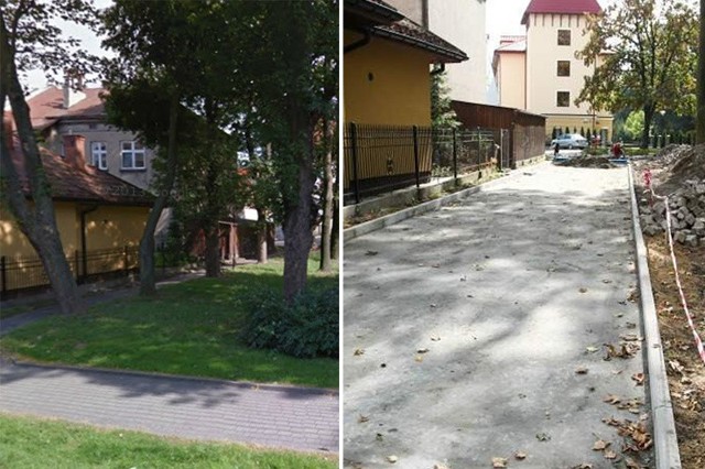 Po lewej stronie zdjęcie z Google Street View zrobione w 2012r. - widać na nim drzewa, które zostały wycięte. Po prawej fotografia wykonana w tym samym miejscu w ubiegłym tygodniu.