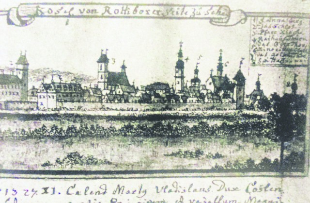 Rycina z 1760 roku przedstawiająca panoramę Koźla. Ostatnia wieża po prawej stronie to miejsce, gdzie stał szpital. W lewym rogu widać kozielski zamek.