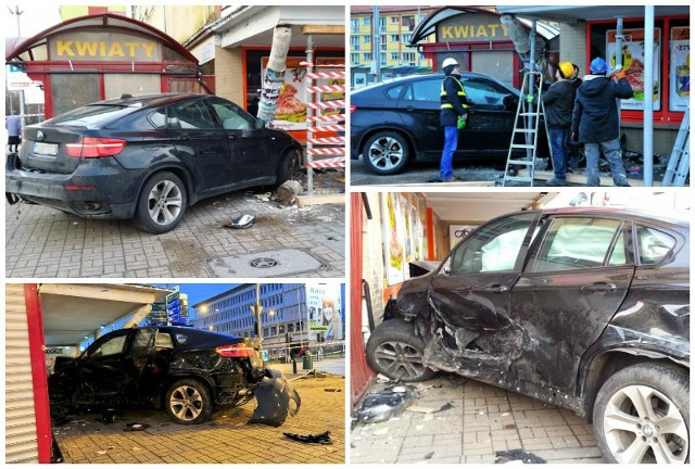 Wypadek na Bramie Portowej w Szczecinie. Kradzione auto skosiło słup przed sklepem.