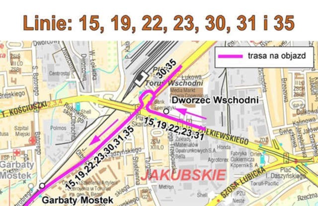Autobusy linii 15, 19, 22, 23, i 31, kursujące w kierunku centrum, z ul. Żółkiewskiego skręcają w prawo, wjeżdżają w zatokę przy Dworcu Wschodnim i dopiero wtedy kierują się na ul. Sobieskiego