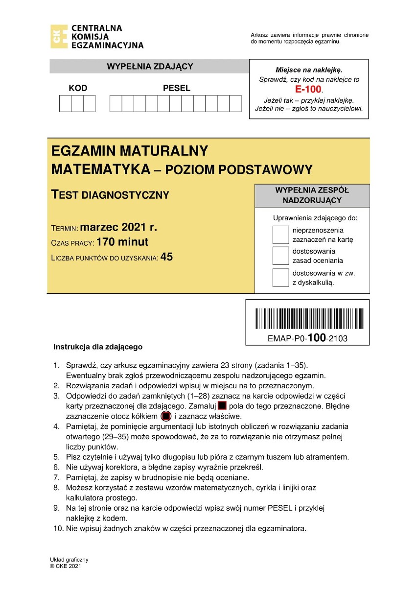 Próbna matura CKE 2021 MATEMATYKA p. podstawowy