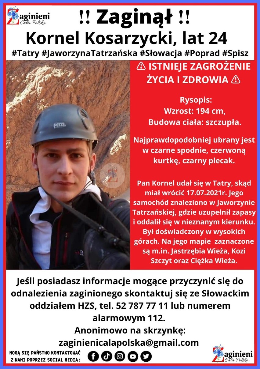 W Tatrach zaginął Kornel Kosarzycki z Kędzierzyna-Koźla. Znaleziono jego samochód. Był zaparkowany w Jaworzynie Tatrzańskiej