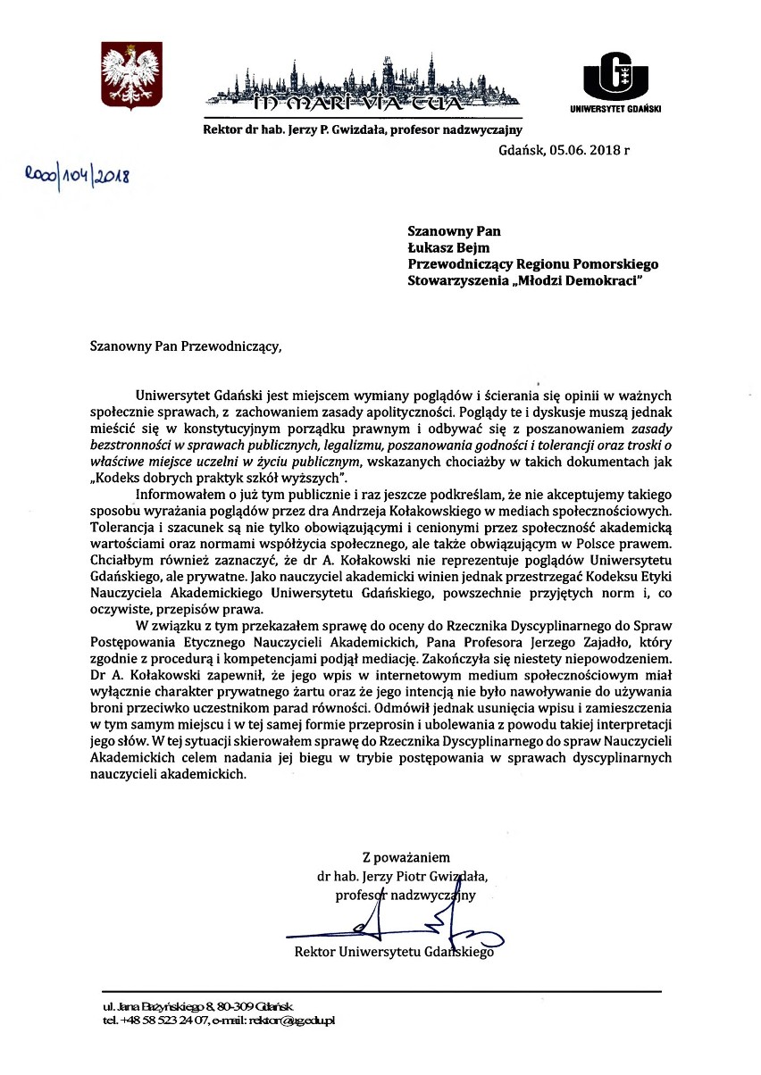Rektor UG reaguje ws. homofobicznego wpisu Andrzeja Kołakowskiego. Młodzi Demokraci otrzymali pismo w tej sprawie