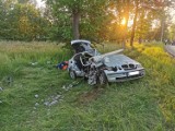 Wypadek BMW na drodze 713 w Kamieniu między Tomaszowem a Opocznem. Samochód skosił słup. Lądował śmigłowiec LPR