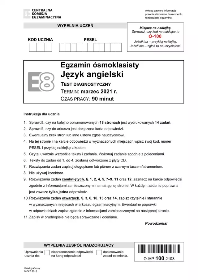 Próbny egzamin ósmoklasisty z j. angielskiego