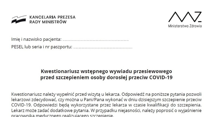 Każdy szczepiony musi wypełnić ankietę o swoim stanie...