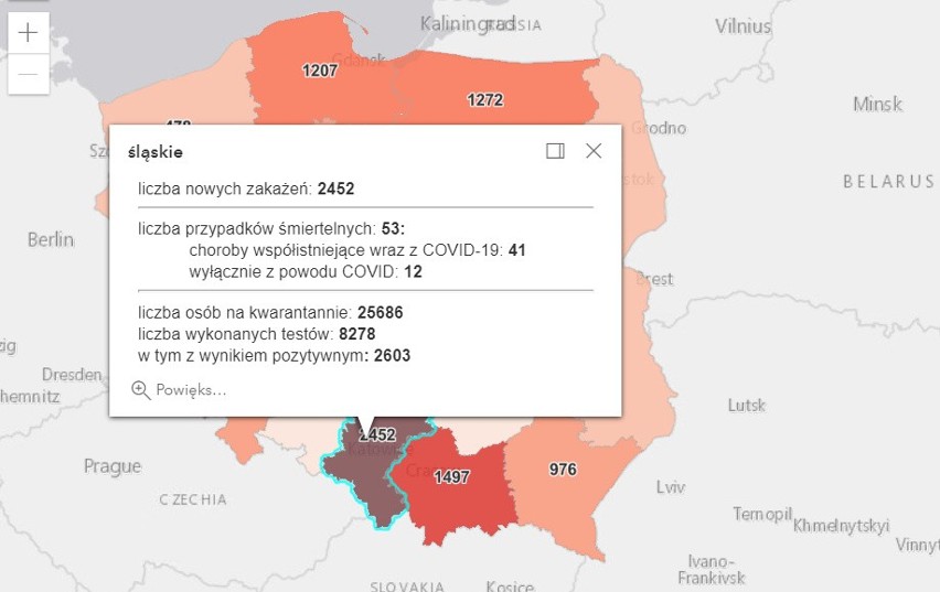 Liczba zakażeń w Polsce i w powiatach woj. śląskiego 10...