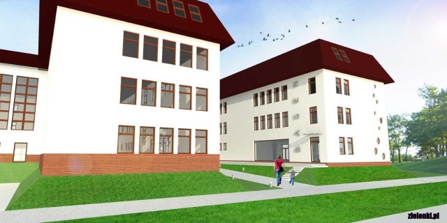 Do bibickiej szkoły zostanie dobudowane nowe skrzydło (po prawej) z salami szkolnymi oraz basenem