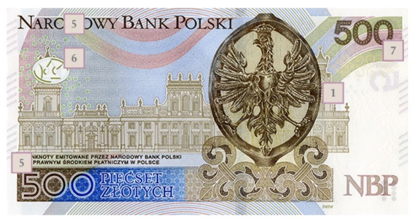 Na odwrotnej stronie banknotu znajduje się orzeł w koronie...