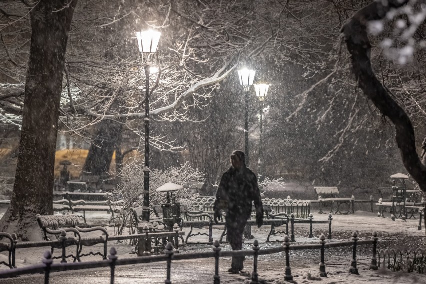 02.04 Kraków, gęste opady śniegu. Krakowskie planty w...