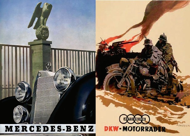 Po lewej: Mercedes - symbol niemieckiej motoryzacji - z czasów III Rzeszy NiemieckiejPo prawej: DKW od 1932 r. należało do koncernu Auto Union. Istniało aż do 1966 r.