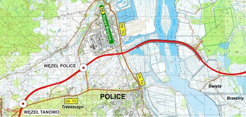 Przebieg obwodnicy na terenie gminy Police z tunelem pod...