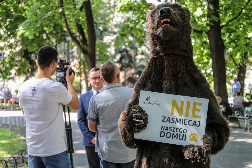 Kraków. Niedźwiedź brunatny z Tatr apeluje na Plantach: „Nie zaśmiecaj naszego domu”