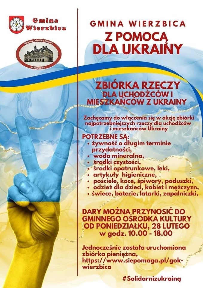 Gmina Wierzbica przyłącza się do akcji pomocy uchodźcom z Ukrainy. Dary można przynosić do ośrodka kultury