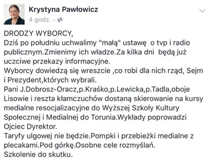 Wpis na profilu FB Krystyny Pawłowicz