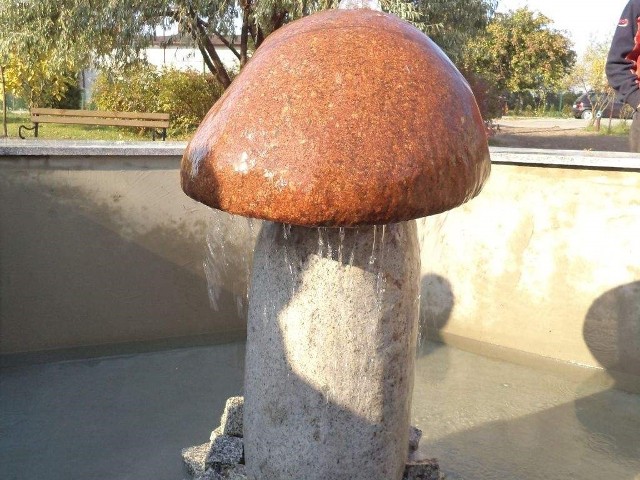 Wykonawcą fontanny w kształcie grzyba, z którego tryska woda, był  twórca ludowy Wiesław Kurzeja z Grzybna