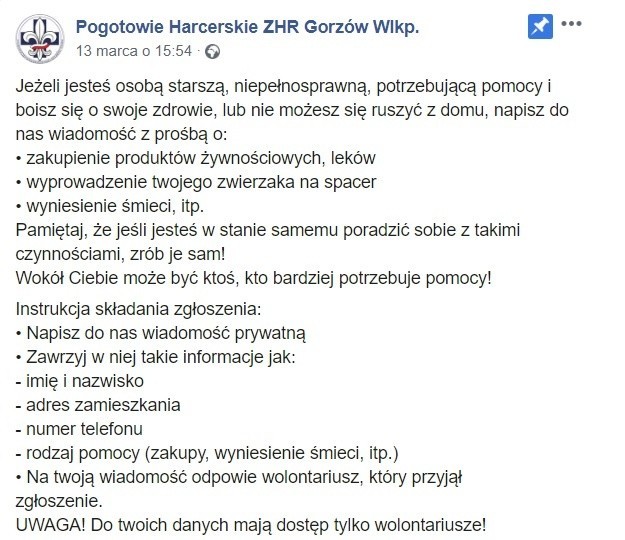 Harcerze z Gorzowa oferują swoją pomoc przy codziennych...