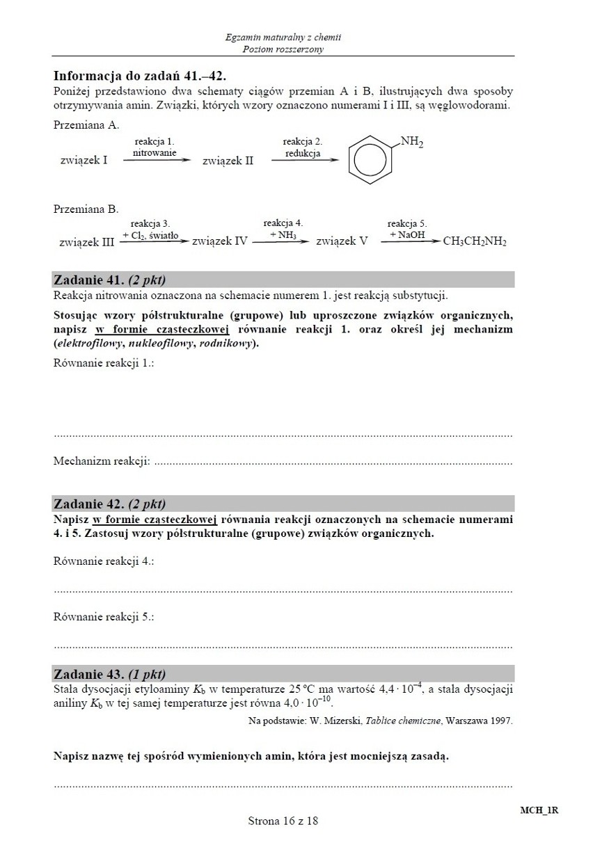 Matura 2015 chemia dla technikum - stara matura, poziom rozszerzony ARKUSZ CKE, ODPOWIEDZI