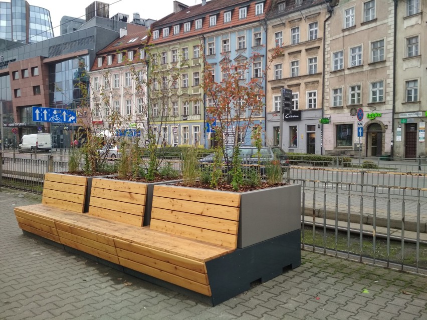 Na przystanku "Rynek" stanęły trzy ławki z donicami