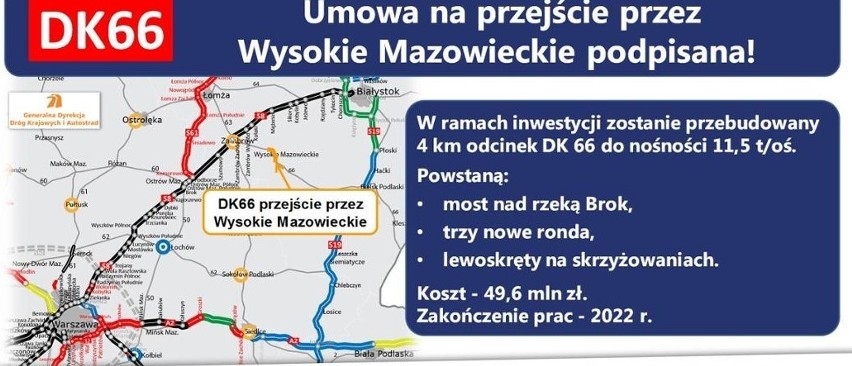 GDDKIA podpisała umowę na przebudowę drogi krajowej 66 w Wysokiem Mazowieckiem. Wykona je konsorcjum firm Unibep i Trakt