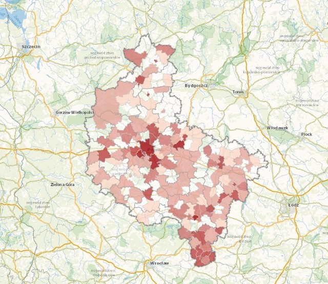 Mapa z systemu prezentująca dane dotyczące funduszy unijnych z WRPO 2014+.