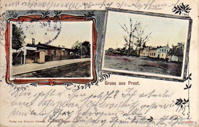 Stacja kolejowa w Pruszczu oraz fragment miejscowości - kartka pocztowa z 1905 r.