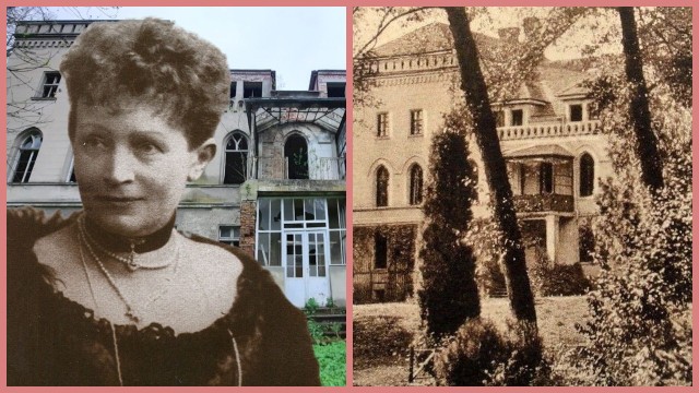 Valeska von Bethusy-Huc, w tle dzisiejszy stan dawnej posiadłości jej rodziców w Wędryni, a obok zdjęcie pałacu sprzed prawie stu lat.