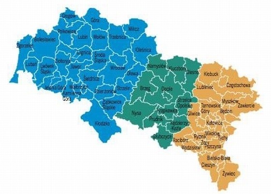 Obecny podział ziemi śląskich na woj. dolnośląskie, opolskie i śląskie.