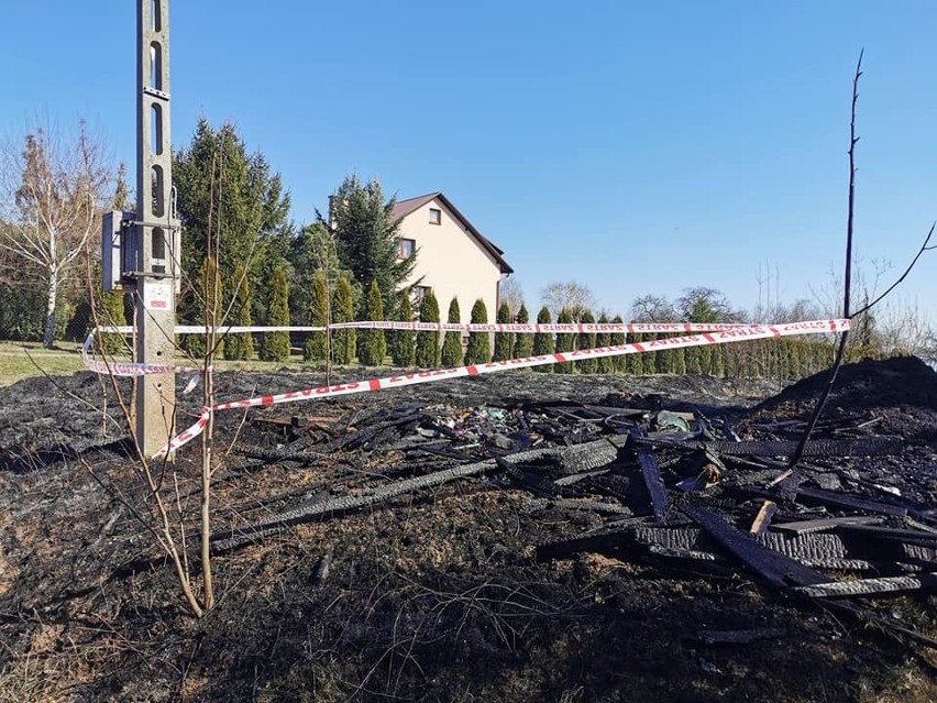 Pożar traw w Przybysławicach. Było groźnie, spłonęła drewniana szopa i uszkodzony został słup energetyczny