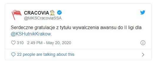 Na Twitterze Hutnikowi pogratulowała Cracovia