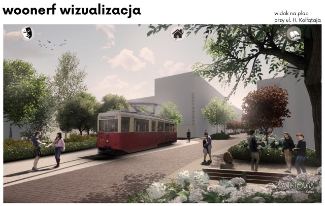 Wizualizacja woonerfu. Rejon skrzyżowania z ul. Hugona Kołłątaja. Na pierwszym planie proponowana replika tramwaju. Zobacz kolejne zdjęcia. Przesuwaj zdjęcia w prawo - naciśnij strzałkę lub przycisk NASTĘPNE