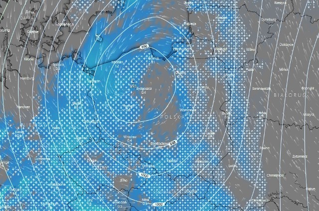 Niż Benjamin w Polsce. Ciśnienie mocno spadnie, możemy narzekać na złe samopoczucie. IMGW ostrzega - w zależności od regionu kraju -  przed silnym wiatrem, oblodzeniami i intensywnymi opadami śniegu. Na slajdzie symulacja opadów na godzinę 4 rano w środę, 9 stycznia.