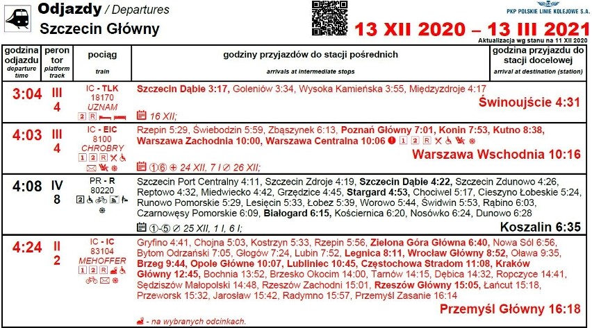 Nowy rozkład jazdy PKP od 13.12.2020. Co się zmieniło w regionie? Plakatowy rozkład jazdy - Szczecin Główny