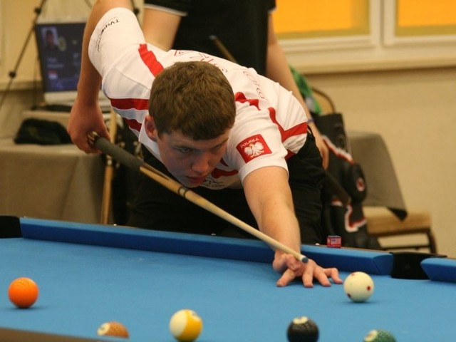 Maciej Wójcik z Koliera Kielce podczas pierwszego pojedynku mistrzostw świata rozgrywanych w Kielcach.