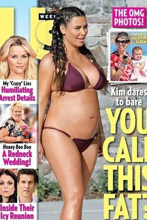 Ciężarna Kim Kardashian w bikini na okładce "U.S. Weekly"...