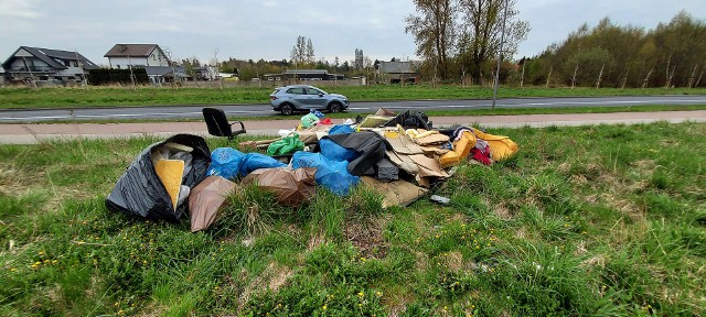 Przy dzikim wysypisku nie widać śladów kół samochodu. Śmieci wskazują na kogoś, kto sprzątał jakieś pomieszczenie, np. altanę działkową.