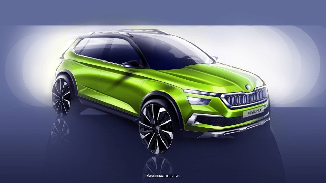 Skoda Vision X Na zaprezentowanym szkicu modelu koncepcyjnego możemy dostrzec wyraźne linie i kontury pojazdu. Uwagę zwraca także lakier w kolorze FlexGreen, natomiast antracytowy dach dodaje samochodowi sportowego charakteru. Charakterystyczne zderzaki, panoramiczne okno dachowe oraz dwudziestocalowe obręcze kół ze stopów metali lekkich to kolejne cechy nowości. Fot. Skoda