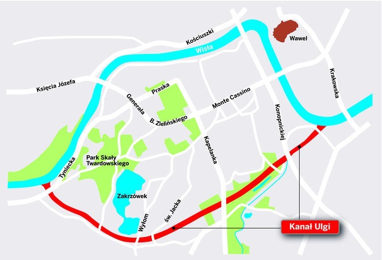 Plan przebiegu kanału ulgi w Krakowie