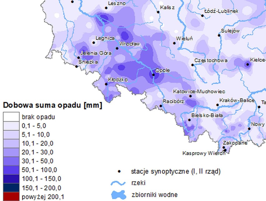 Suma opadów w południowo-zachodniej Polsce w ciągu ostatniej...