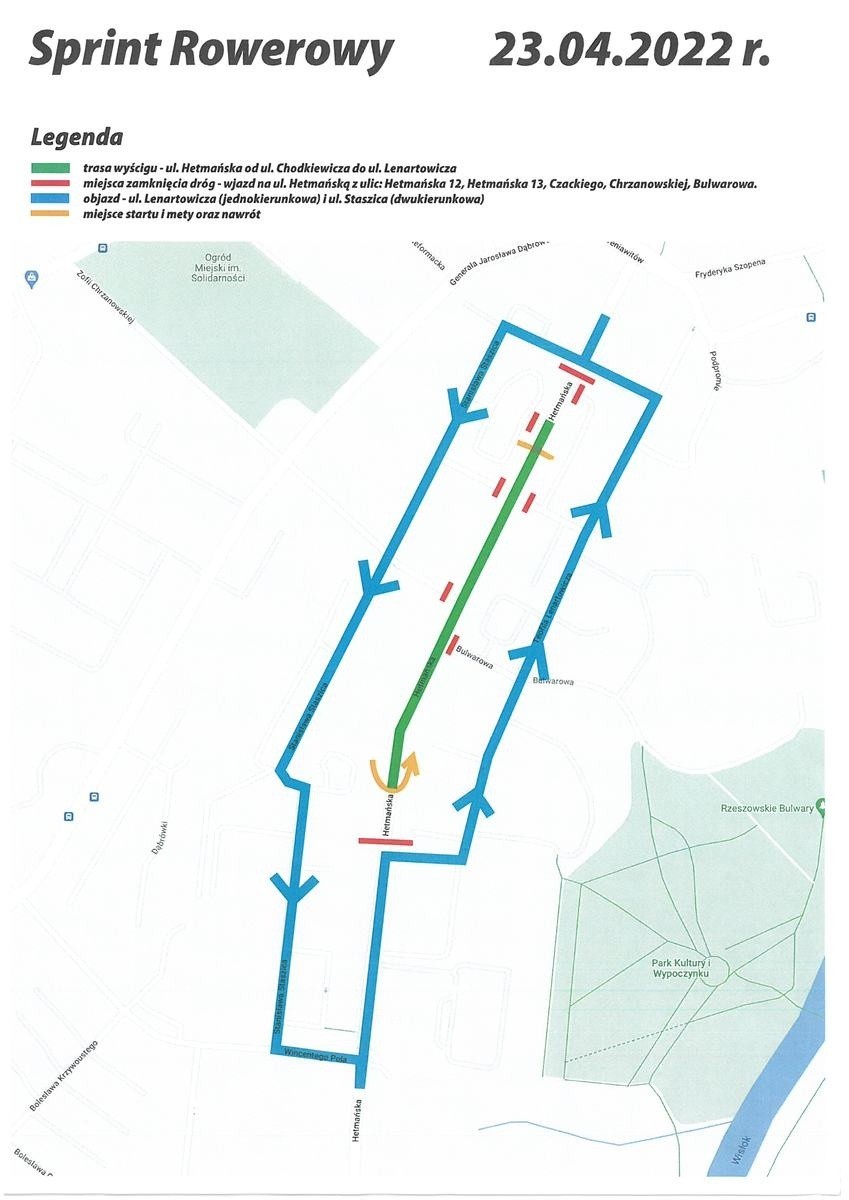 Na zdjęciu plan trasy wyścigu na ul. Hetmańskiej zaznaczony...