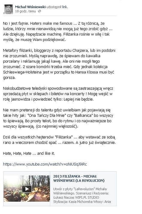 Wpis Michała Wiśniewskiego na Facebooku (fot. screen Facebook)