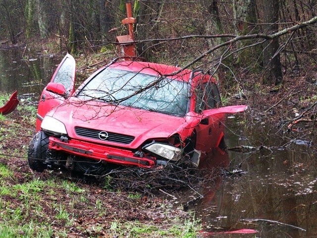 Wypadek w Kamieńczyku, na drodze krajowej nr 62. 17.04.2021. Auto wpadło do przydrożnego rowu pełnego wody. Zdjęcia