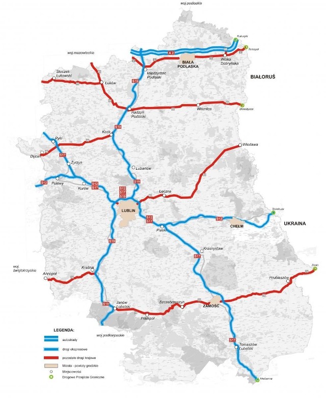 Mapa dróg krajowych na Lubelszczyźnie, łącznie z trasami, które będą rozbudowywane 