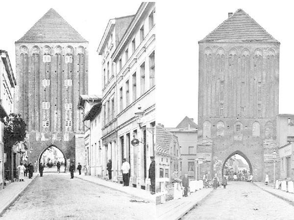 Z lewej: Brama Koszalińska  (zdjęcie z początku XX wieku).Z prawej: Brama Słupska (zdjęcie sprzed 1945 roku).