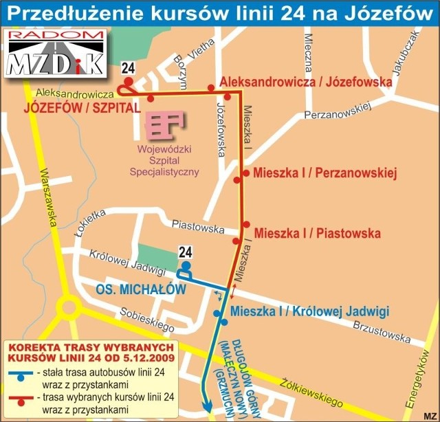 Trasa przedłużonych kursów linii 24 na Józefów.