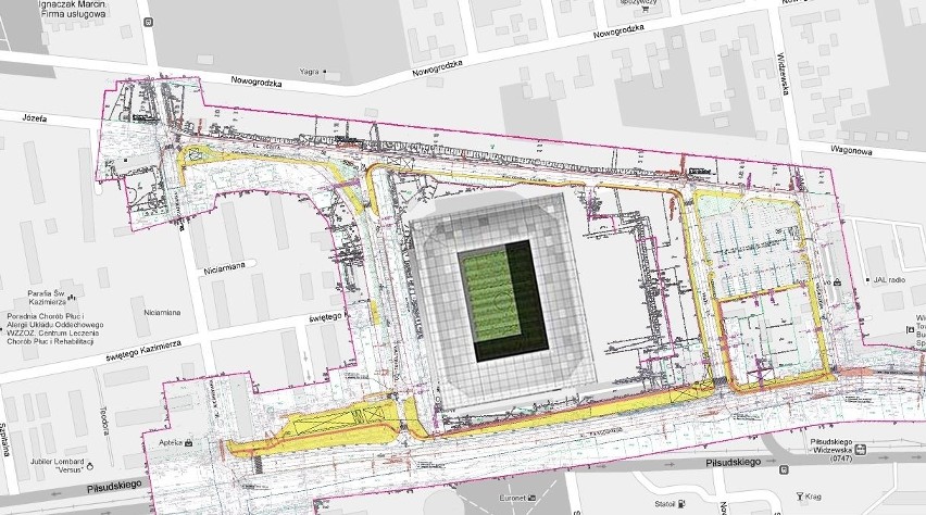 Plan stadionu przy al. Piłsudskiego.