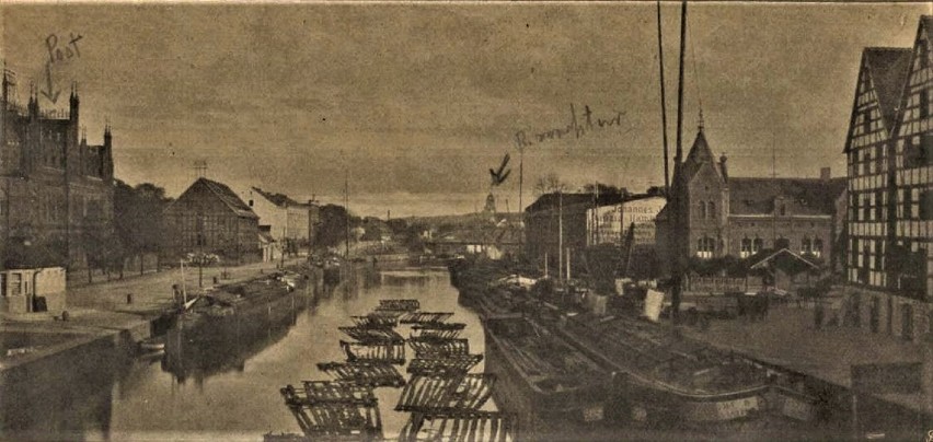 Widok na Brdę z mostu Gdańskiego. W oddali odręcznie zaznaczono Wieżę Bismarcka