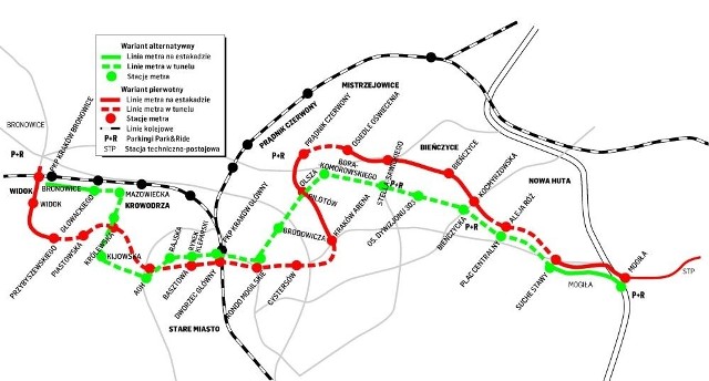 Dwa warianty przebiegu pierwszej linii metra z Nowej Huty do Bronowic
