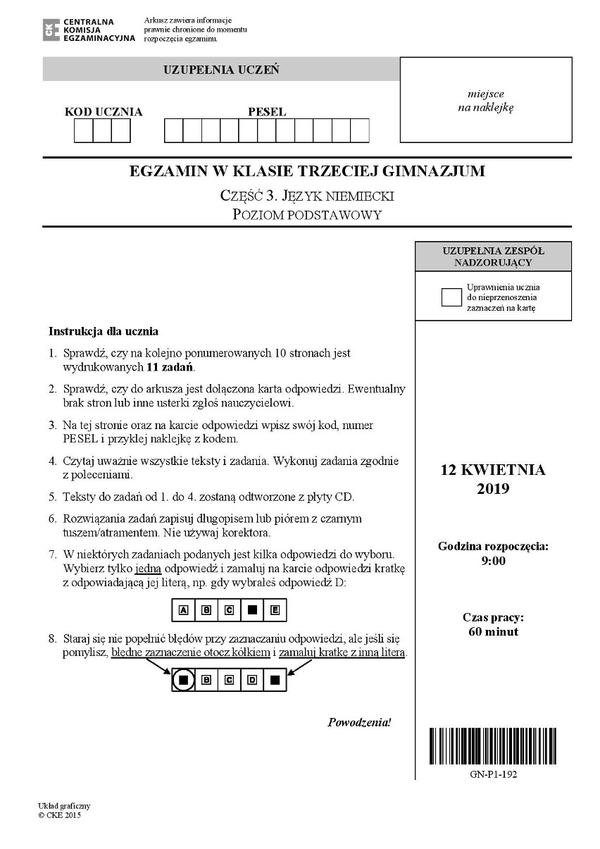 Egzamin gimnazjalny 2019 - język niemiecki [ODPOWIEDZI]