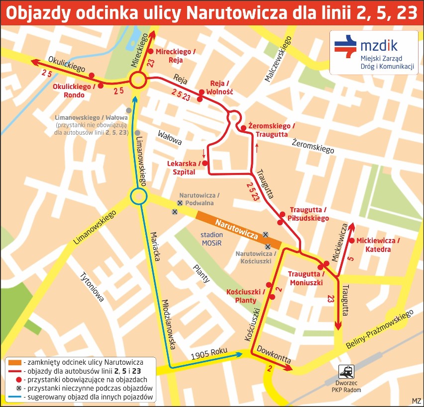 Mapa objazdów odcinka ulicy Narutowicza dla linii 2, 5, 23